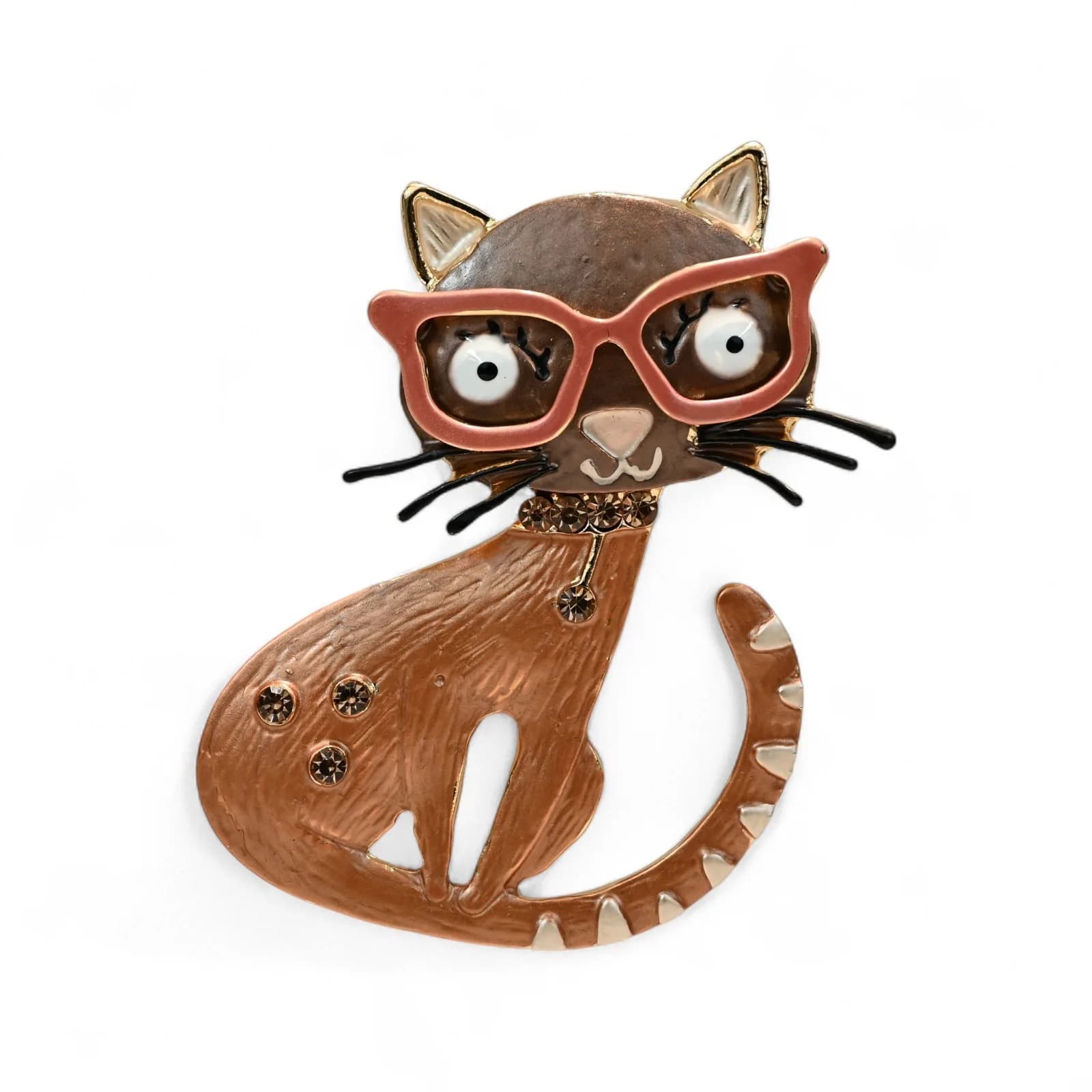 Broche chat aimantée kawaii marron à lunettes roses, collier doré et strass