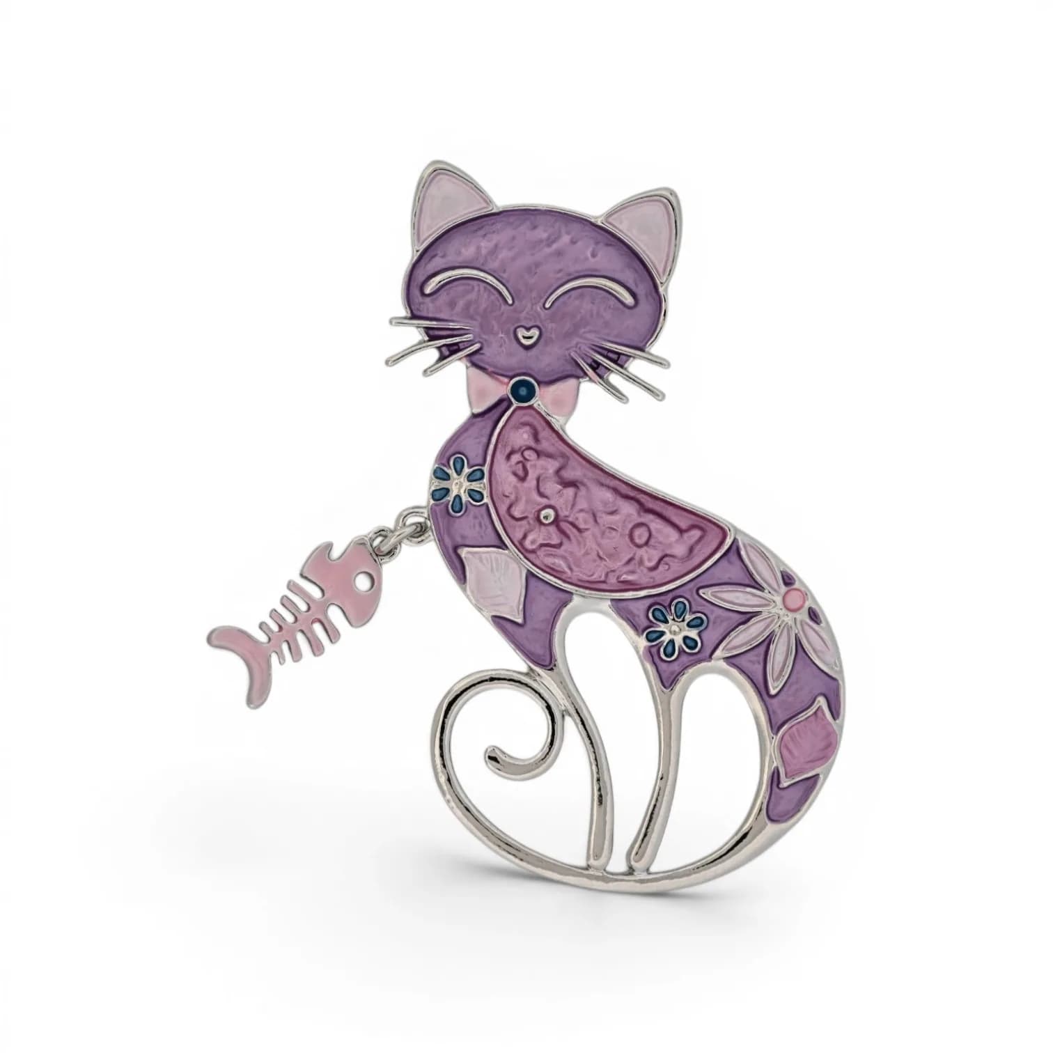 Broche chat violet à pendentif arête aimantée, félin fleuri en émail violet avec arête de poisson rose