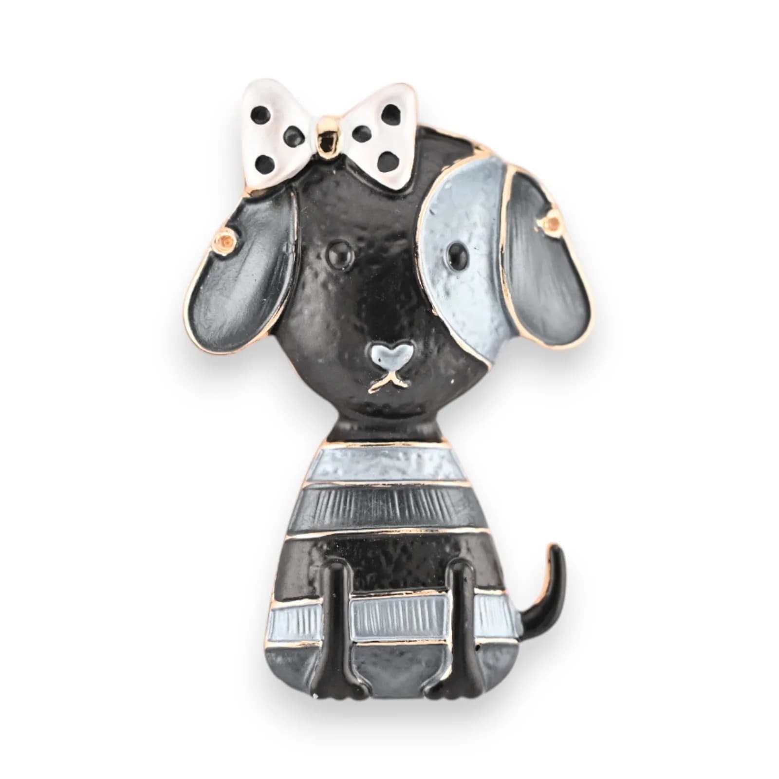 Broche chien noir et gris aimantée, nœud à pois, contours dorés et corps rayé