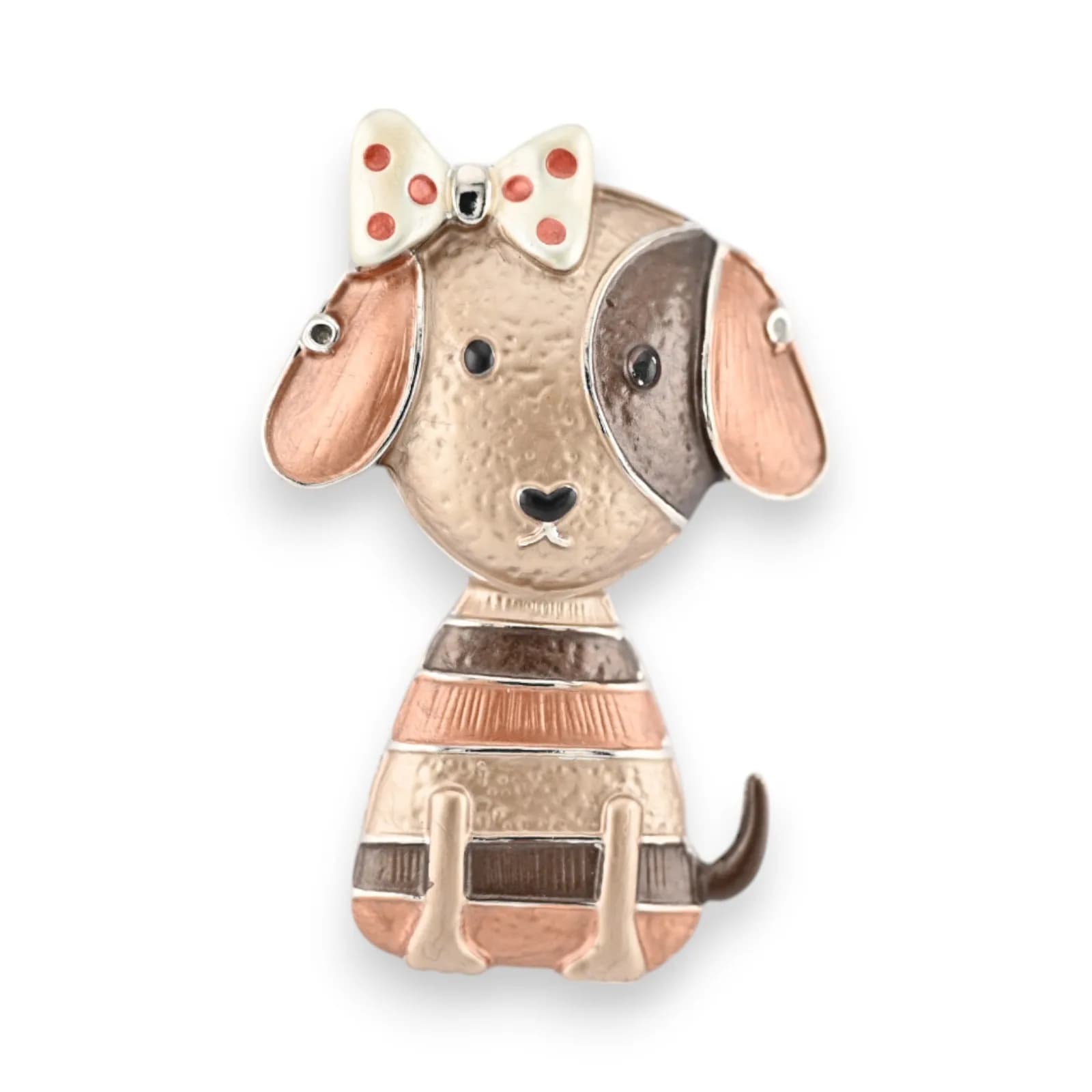 Broche chiot vintage marron aimantée, tons chauds beige, marron et cuivré, nœud à pois
