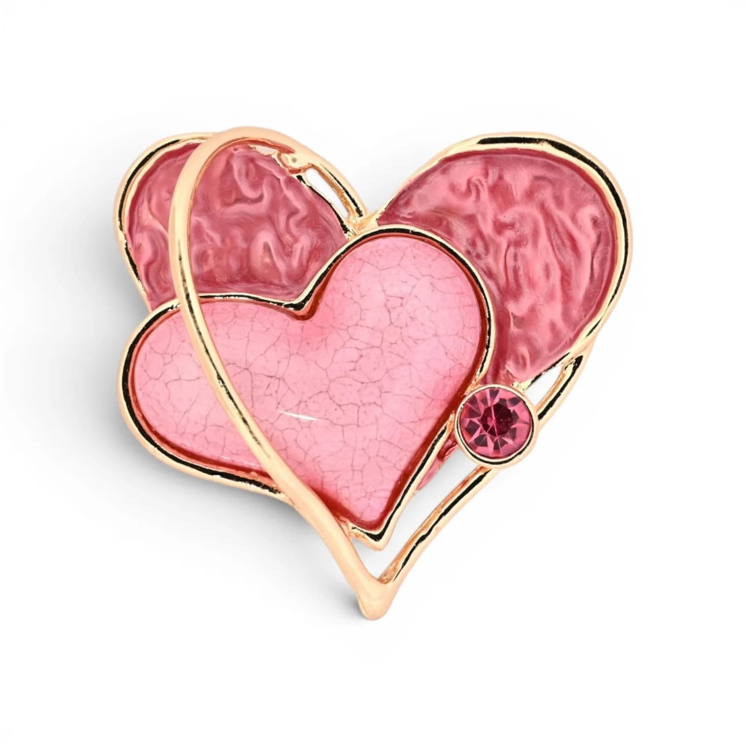 Broche cœurs entrelacés roses aimantée, cœurs émaillés rose avec contour doré et cristal rose