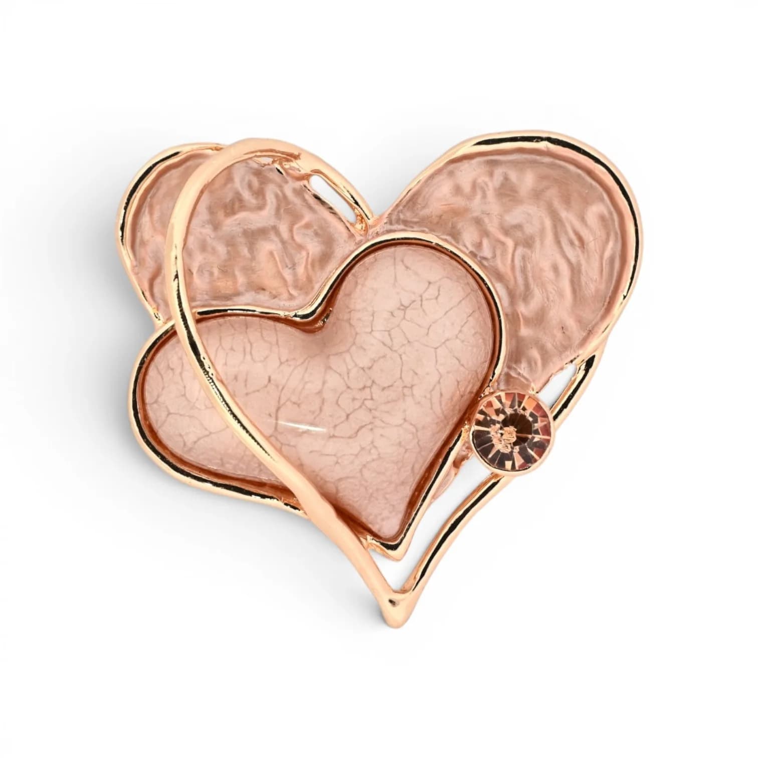 Broche cœurs ton rosé aimantée, double cœur émaillé rosé poudré avec contour doré et cristal champagne