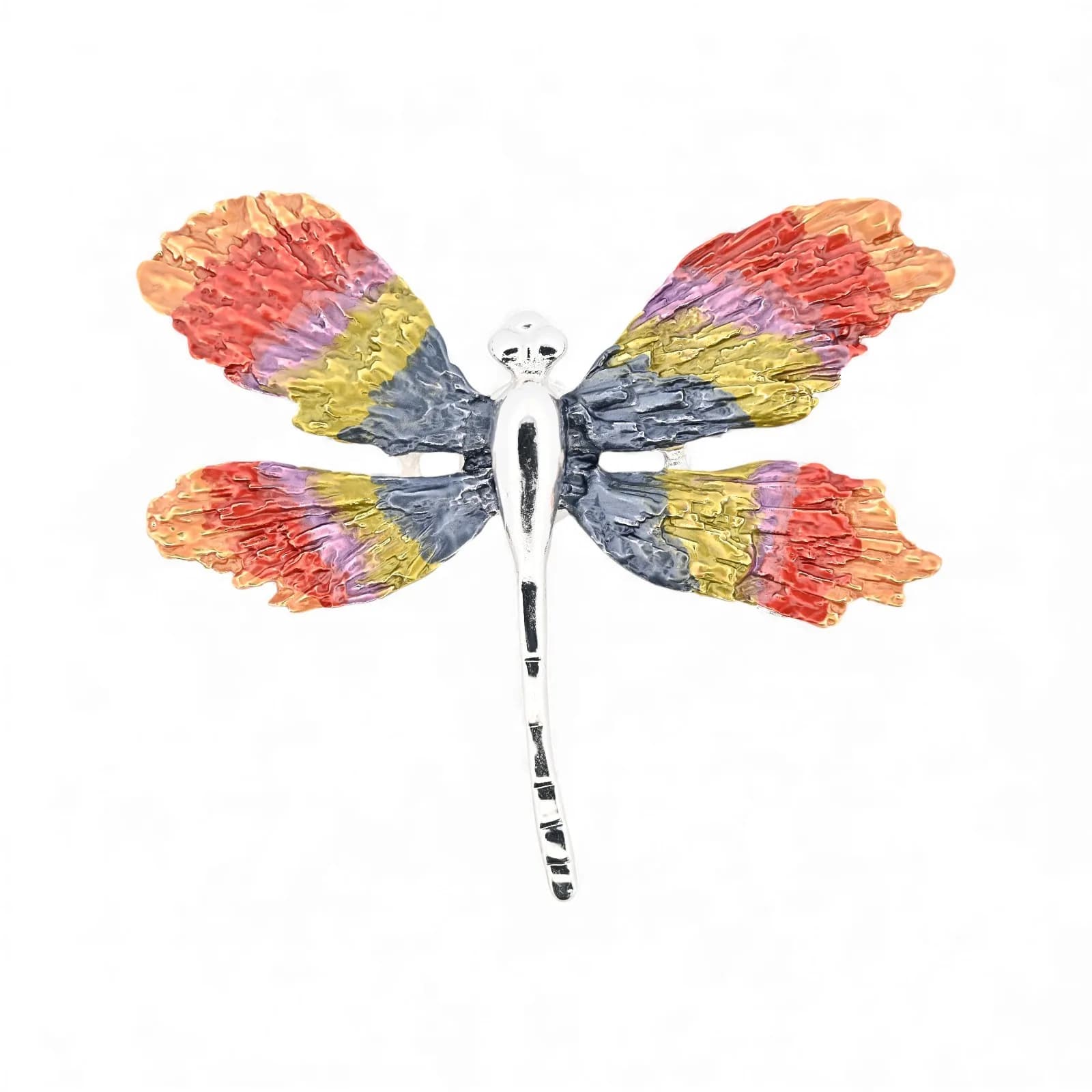 Grande broche libellule arc-en-ciel aimantée, ailes multicolores en dégradé et corps argenté